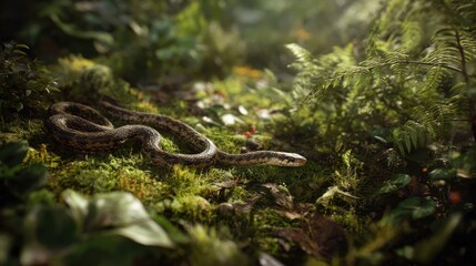 Obraz premium a serene forest scene, dominated by a large snake coiled amidst lush green foliage. the creature's scales are highly detailed, with subtle shades that add to the realism of the image