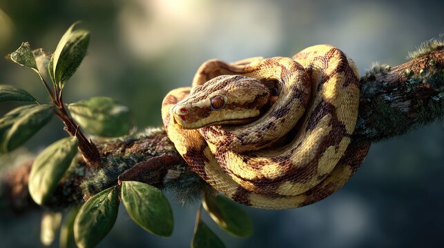a vibrant and coiled python resting on a branch of a tree in what appears to be a lush forest setting