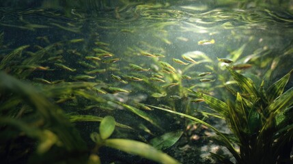 Fototapeta premium an underwater view of a vibrant aquatic ecosystem teeming with lush green seaweed and a multitude of small fish swimming amongst it