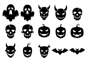 Fototapeta premium Halloween Scary Icons Set – Ghost, Skull, Pumpkin, Bat, and Monster Faces