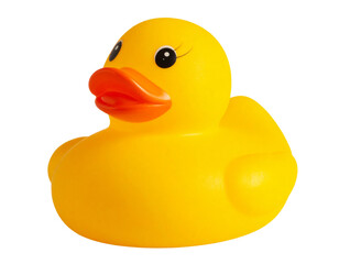 Classic Yellow Rubber Duck Bath Toy, Front View with Smiling Face, Isolated on Transparent Background
