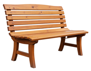 Angled Side View of Handcrafted Wooden Park Bench with Curved Backrest, Natural Finish, Isolated