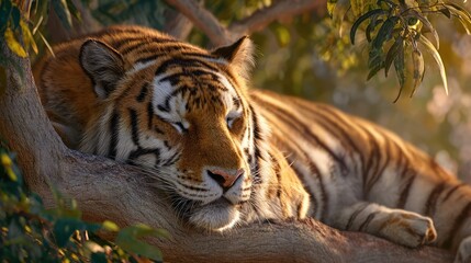 Obraz premium a tranquil moment of a bengal tiger resting in its natural habitat. the large adult tiger is comfortably sleeping in a tree, surrounded by lush greenery