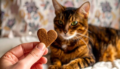 A cat stares intently at a heart-shaped cookie