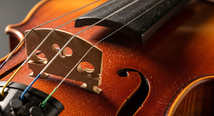 Fototapeta premium Close-up of Violin Bridge and Strings: Warm, Rich Tones, Detailed Texture, Classical Music Instrument