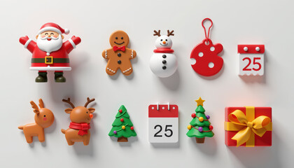 Fototapeta premium Christmas gift background with snow features festive icons including Santa, reindeer, gingerbread, snowman, tree, and present