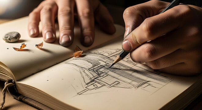 Close-up of hands sketching architectural design, graphite pencil, sketchbook, artistic process, detailed drawing, intense focus, creative work.
