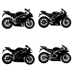Obraz premium Four black silhouette motorcycles with fairings and detailed wheels in a symmetrical arrangement