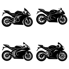 Obraz premium Four black motorcycle silhouettes displayed in a square arrangement on a white background view from side