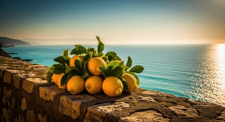 Lemon Fruits with Green Leaves on Stone Wall Overlooking Ocean Sunset Scene