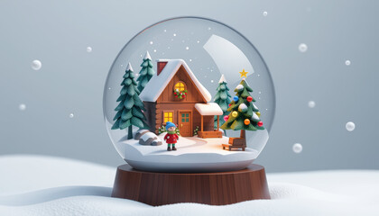 Christmas gift background with snow featuring cozy cabin, decorated tree and joyful winter scene in snow globe