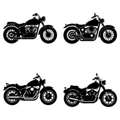 Obraz premium Four silhouette style motorcycles with round headlights and detailed wheels and engines are displayed