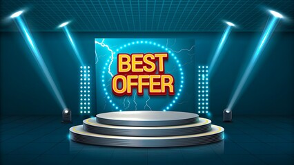 Best offer promotion banner with glowing lights and stage background
