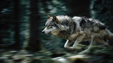 a thrilling moment of a wolf in mid run through a forested area