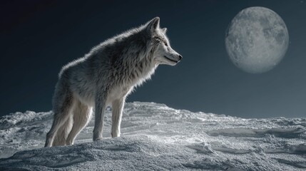 Obraz premium a scene of a wolf standing atop an icy terrain under a night sky. the wolf is looking towards a full moon, which illuminates the snowy expanse below