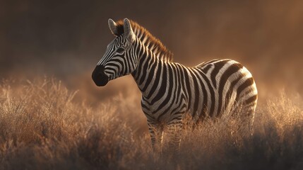 a zebra stands in the grassy expanse of what appears to be either dusk or dawn, with an overcast sky providing soft lighting that enhances its distinctive black and white stripes