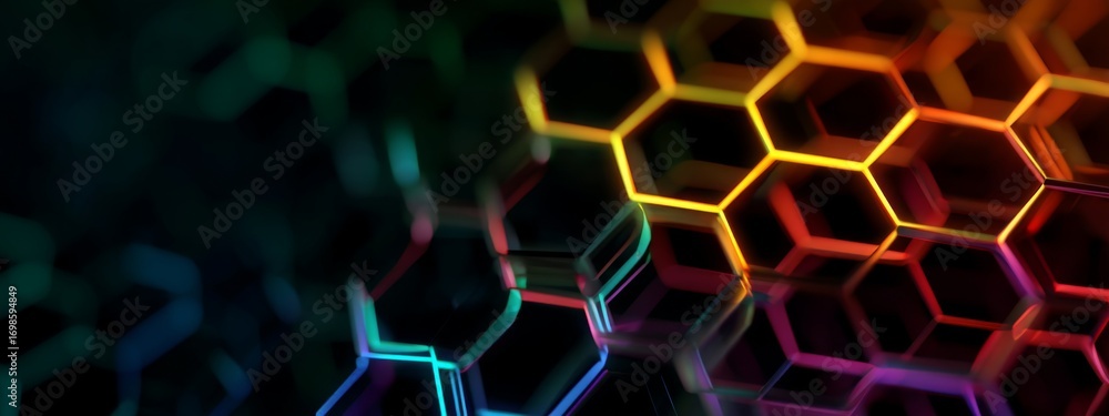Poster abstract glowing honeycomb pattern in rainbow colors with neon highlights and dark background