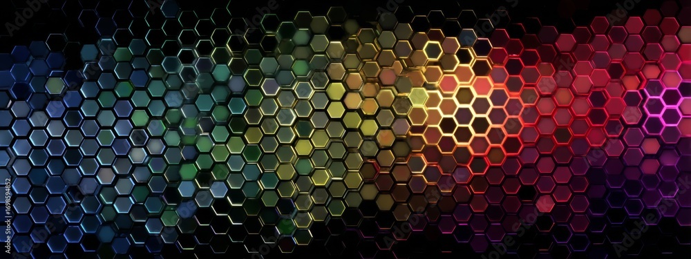 Poster abstract honeycomb pattern with glowing rainbow colors on a dark background