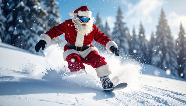Santa Claus snowboarding in snowy forest, Christmas winter sports action