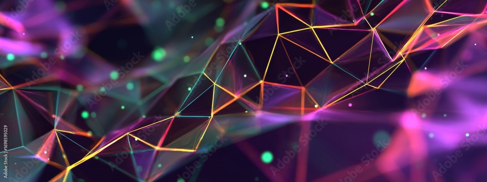 Poster vibrant abstract polygon mesh with neon highlights in a dynamic 3d design for creative projects