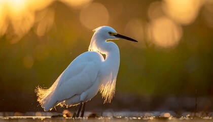A profile view of a white heron in golden sunlight