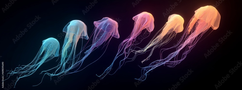 Poster digital jellyfish in gradient trails blending with vibrant colors on dark background