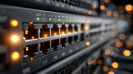 close up conceptual technology shot of illuminated network switch ports ethernet lan cable data center environment server rack modern digital infrastructure it system networking