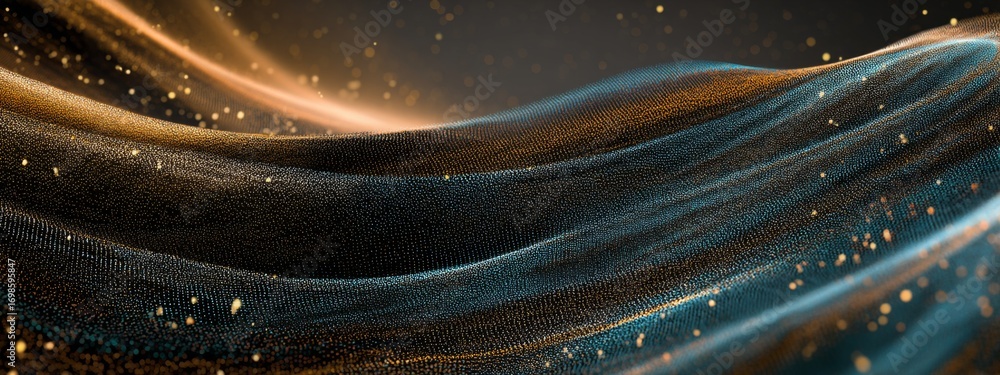 Poster futuristic waves of flowing particles in gradient sand textures with a mysterious aura and gentle mo