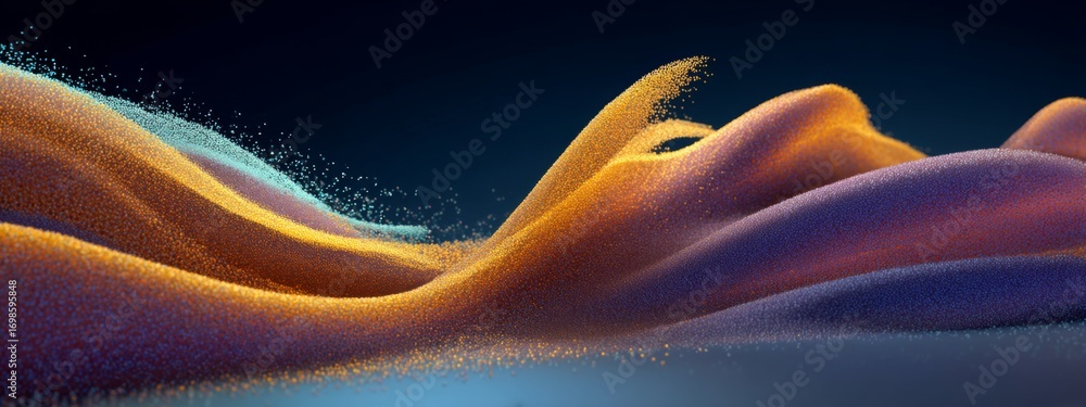 Poster futuristic flowing waves of sand particles with gradient colors in a dynamic abstract landscape