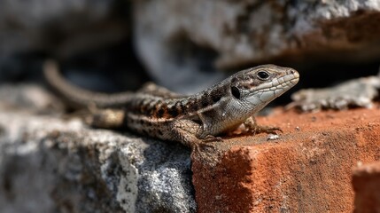 Naklejka premium Lizard resting on brick