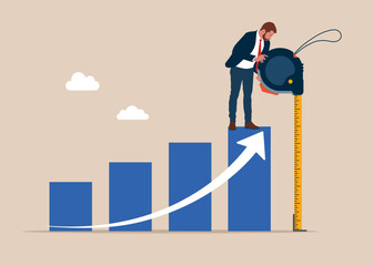 Businessman using measuring tape to measure bar graph. Growth in investment, financial operations, investment. Accuracy and measurement. Flat vector illustration