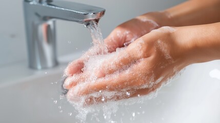 Fototapeta premium Close-Up of Woman Washing Hands with Soap Under Running Water in Bathroom Sink on White Background, Personal Hygiene and Skin Care Concept 