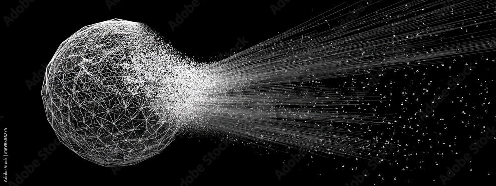 Poster geometric sphere mesh dissolving into light with dynamic particles against a dark background