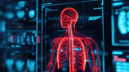 A digital rendering of a human skeleton showcasing anatomical details, enhanced with vibrant colors and medical data on a futuristic interface.