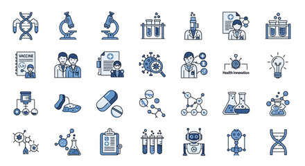 Collection of various scientific and medical icons depicting research, healthcare, and innovation.