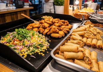 Assortment of delicious fried foods and fresh salad at a buffet