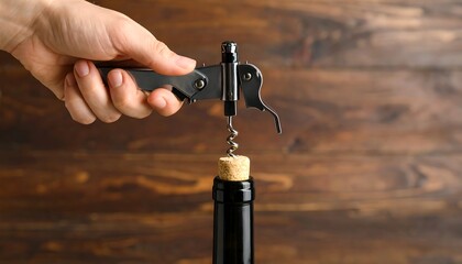 A hand using a corkscrew to open a wine bottle