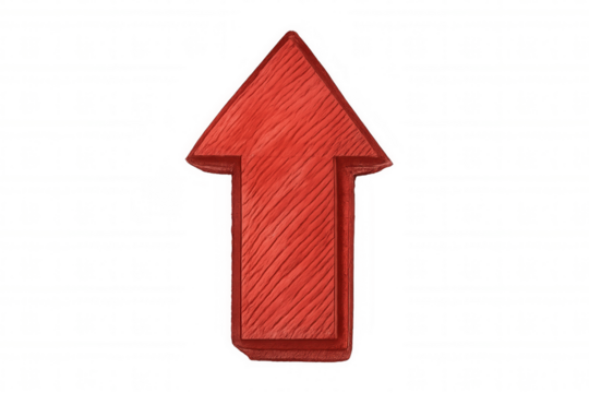 Wooden red directional sign aiming skyward, representing upward momentum and strategic advancement against neutral backdrop