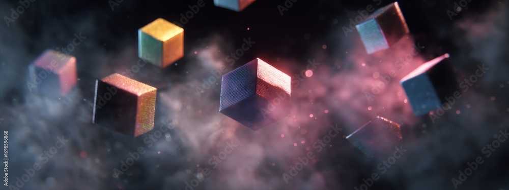 Poster floating isometric cubes in holographic mist with vibrant colors and abstract background