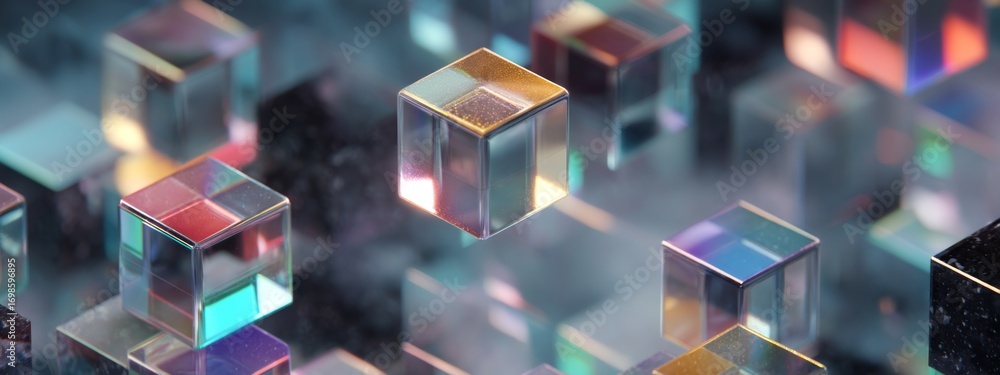 Poster holographic isometric cubes floating in mist with vibrant reflections and atmospheric depth