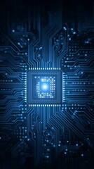 A blue computer chip with a glowing Q on it