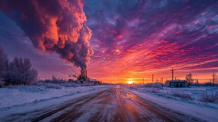 Industrial factory emitting smoke into a dramatic, colorful sunset sky over a snowy winter landscape with a wet road.
