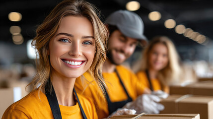 Volunteers collaborating, packing donated food supplies into cardboard boxes inside warehouse, supporting community during pandemic emergency response