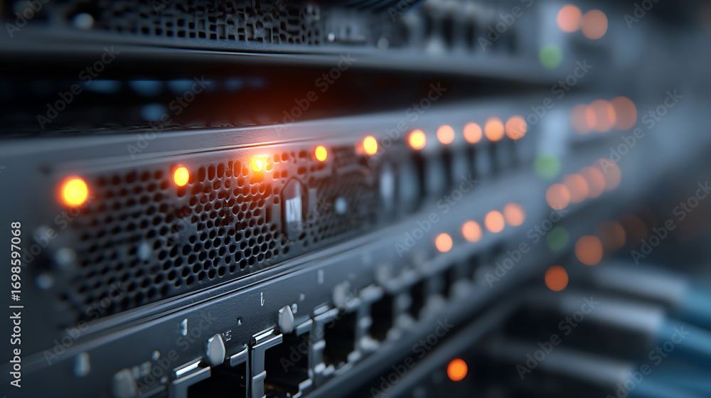 Poster close up conceptual technology shot of illuminated network switch ports ethernet lan cable data cent