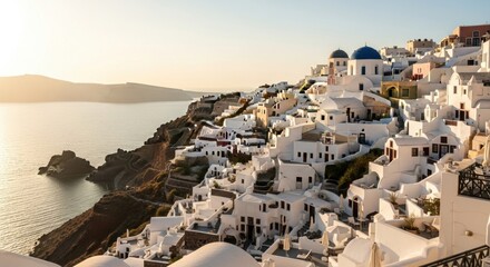 Picturesque White Buildings on Cliffside in Santorini Sunset Scene