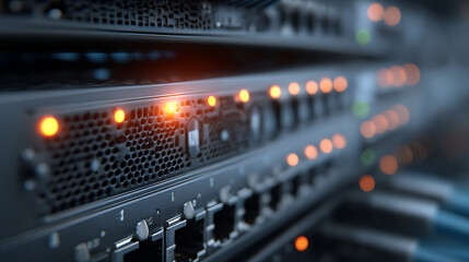 close up conceptual technology shot of illuminated network switch ports ethernet lan cable data center environment server rack modern digital infrastructure it system networking