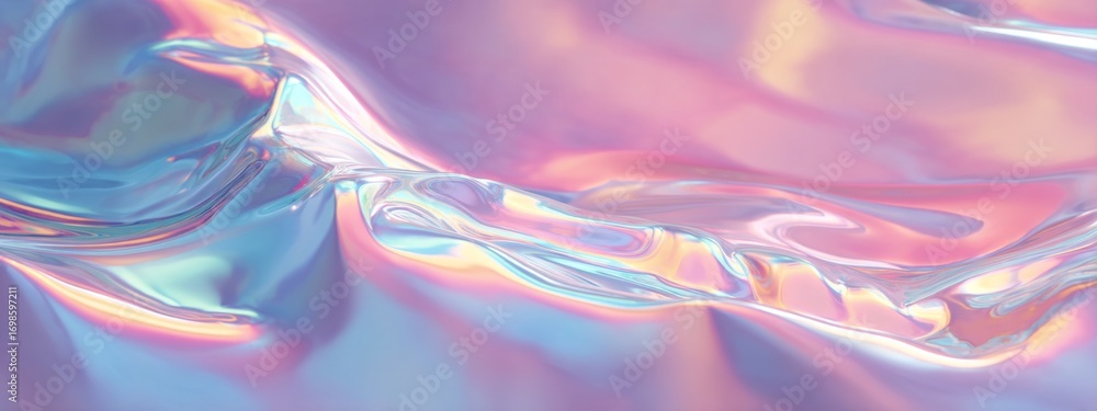 Poster iridescent liquid flow with holographic gradient in soft color palette for digital backgrounds