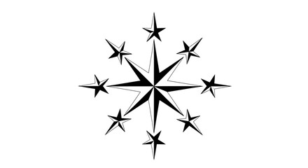 A stylized eight-pointed star vector with smaller stars radiating outwards, all in black and white.