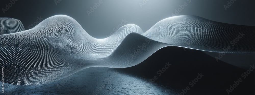 Poster ethereal neon waves of frosted mesh blending in soft light with textured depth and transparency