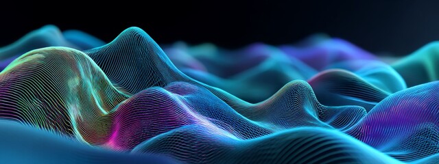 Naklejka premium Vibrant Neon Mesh Waves Blending with Frosted Glass Texture in Abstract Art Design